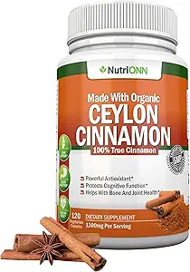 Organic Ceylon Cinnamon 1200 mg | 120 Vegan Capsules | True Cinnamomum verum from Sri Lanka | Non-GMO, Third-Party Lab Tested, Low Coumarin, GMP Certified