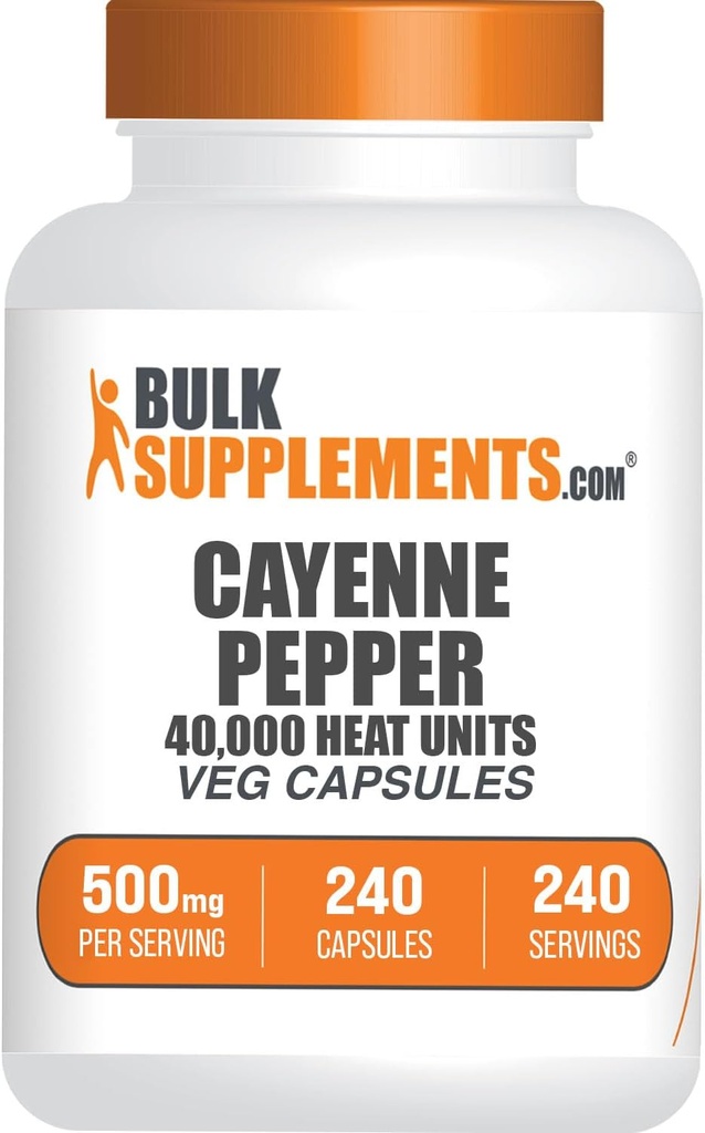 BulkSupplements.com Κάψουλες Πιπέρι Καγιέν - Καγιέν Πιπέρι 40000 HU, Συμπληρώματα καψαϊκίνης, Συμπληρώματα Πιπέρι Καγιέν - Χωρίς γλουτένη, 1 Κάψουλα ανά Σερβίρισμα, 240 Κάψουλες Veg (πακέτο του 1)