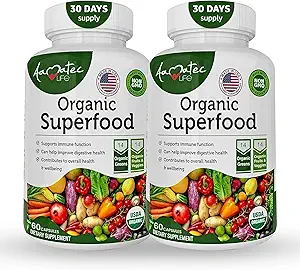 Organic Superfood Greens Fruits and Veggies Complex - Συμπλήρωμα διατροφής με 14 Πράσινα & 14 Λαχανικά με Αλφάλφα Πλούσια σε Αντιοξειδωτικά Βιολογικά Συστατικά Μη ΓΤΟ (120 Count Pack of 2)