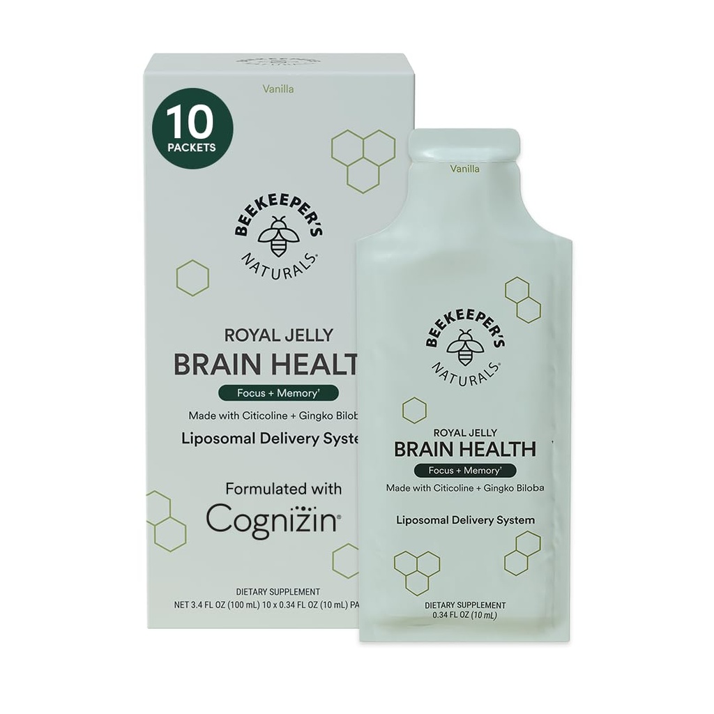 Nootropic Brain supplement by Beekeeper's Naturals, 500 mg Citocoline, Ginkgo Biloba, Bacopa Monnieri & Royal Jelly, Supports Focus & Memory, Easier Absorption, Plus a Tasty Vanilla Flavor, 10ct