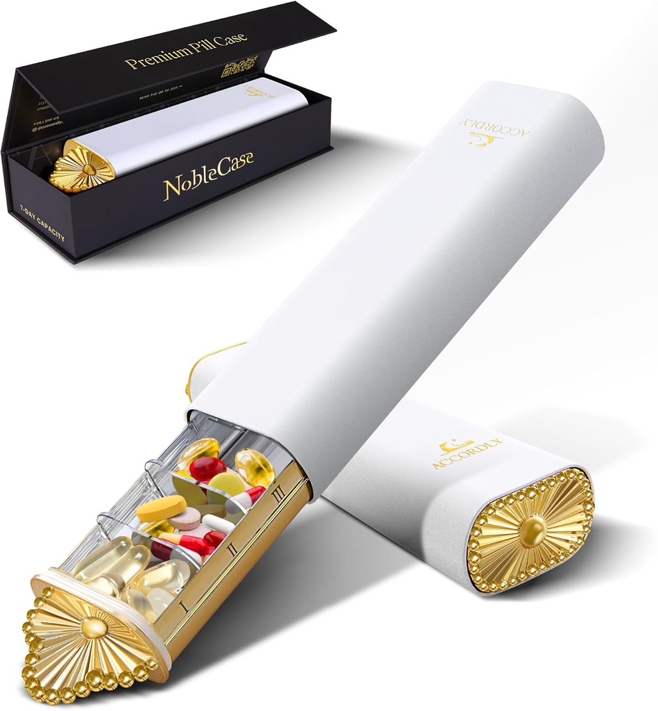 Premium Weekly Pill Organizer, 7-Day Compact Pill Case for Purse, Lightweight Gold Aluminum Pill Box for Vitamins, Medicine, Supplements, Luxury Wellness Gift