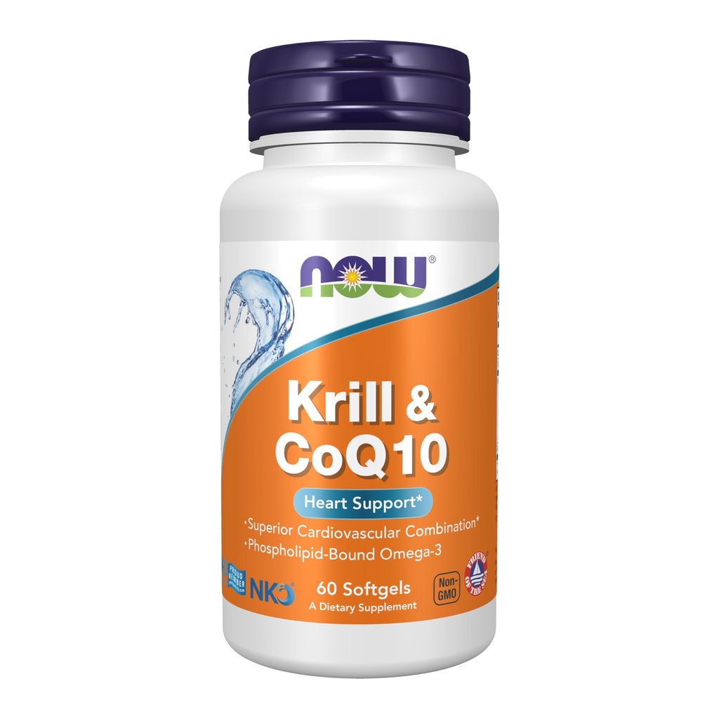 NOW Συμπληρώματα τροφίμων, Krill & CoQ10, Phospholipid-Bound Omega-3, υποστήριξη καρδιάς*, 60 Softgels