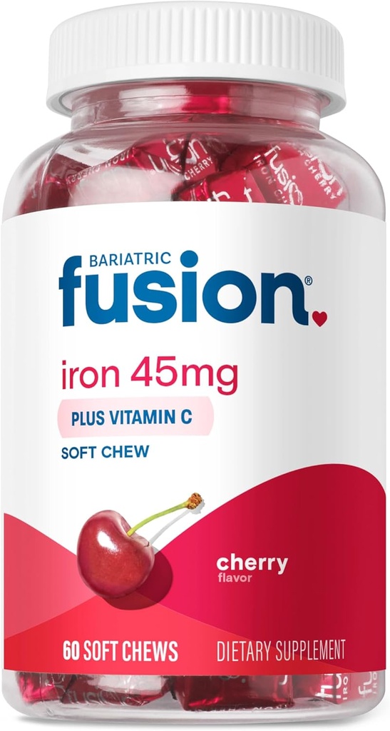 Bariatric Fusion Iron Supplement for Women Anemia | Chewable Iron with Vitamin C | Cherry Flavored Soft Chew | Gentle on Stomach Ferrous Fumarate for Women and Men | Gluten Free | 60 Count