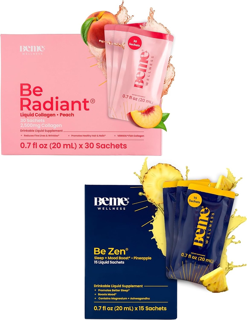 BeMe BeRadiant Ροδάκινο & BeZen Bundle - Υγρό Κολλαγόνο & Μαγνήσιο Γλυκινικό L-Θεανίνη Συμπληρώματα