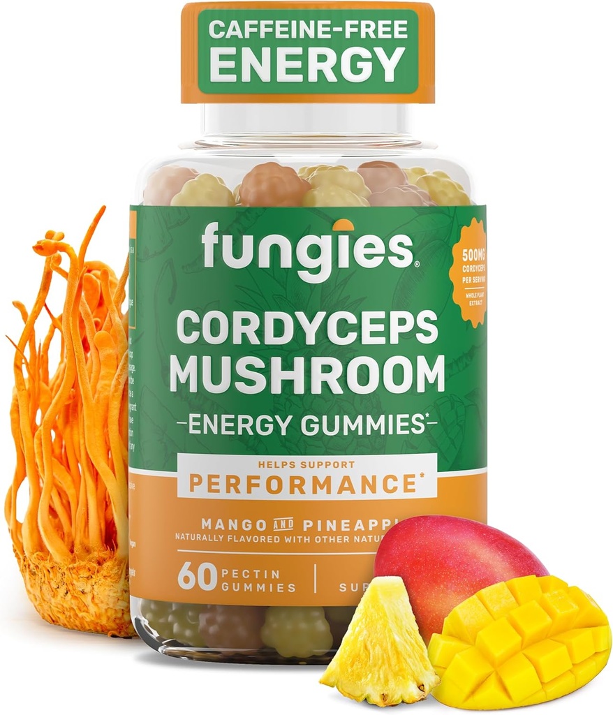 Fungies Cordyceps Mushroom Gummies, Mango & Pineapple Flavor - Mushroom βοτανικό συμπλήρωμα Gummy για ενήλικες Υποστηρίζει αντοχή, ενέργεια & απόδοση - Caffeine-Free Energy Gummies - 60 εξυπηρετήσεις