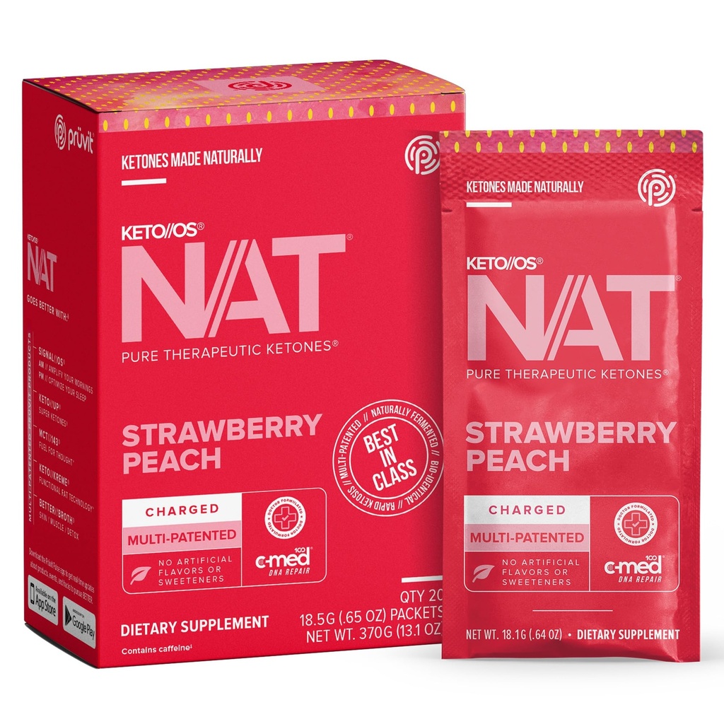Pruvit - Keto//OS NAT - Φράουλα Ροδάκινο Φορτισμένο ποτό Μίγμα με C-Med 100, L-Taurine, Βιταμίνες B6 & B12, Συμπλήρωμα Κετόνης - 18,5g