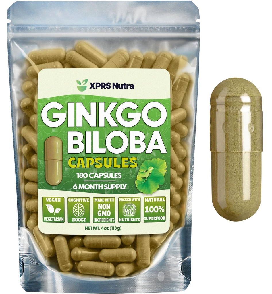XPRS Nutra Ginkgo Biloba Κάψουλες - Gingko Biloba Encapsulated Συμπληρώματα για Γνωστικότητα - Vegan Friendly Ginkoba Biloba - Ασυλία Ενισχύοντας κάψουλες Ginkgo Biloba - 180 Κόμη