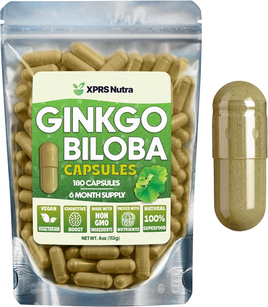 XPRS Nutra Ginkgo Biloba Κάψουλες - Gingko Biloba Encapsulated Συμπληρώματα για Γνωστικότητα - Vegan Friendly Ginkoba Biloba - Ασυλία Ενισχύοντας κάψουλες Ginkgo Biloba - 180 Κόμη