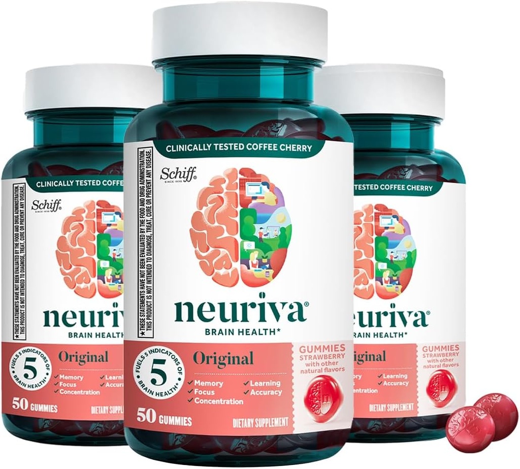 Neuriva Original Brain Health Support Φράουλα Gummies (50 Count), Brain Support with Phosphatidylserine & Decafeinated, Clinically Proven Coffee Cherry (Pack of 3)