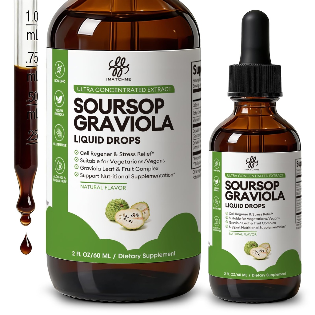 iMATCHME Soursop Graviola Υγρή Σταγόνα για την υποστήριξη & αναγέννηση κυττάρων, ανοσοποιητικό σύστημα και υποστήριξη για την υγεία των ούρων, Pure Soursop Bitters Liquid, Υψηλή Απορρόφηση, Ζάχαρη / Gluten Free, Φυσική Γεύση, 2 Fl Oz