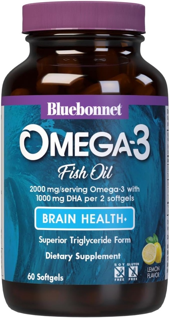 Bluebonnet Nutrition Omega-3 Brain Formula Natural Wild Caught Tricheride Form DHA 860 mg EPA 120 mg - Υψηλής συγκέντρωσης Συμπυκνωμένη γνωστική υγεία και ευεξία Υποστήριξη συμπλήρωμα - χωρίς γλουτένη - 60 Softgels