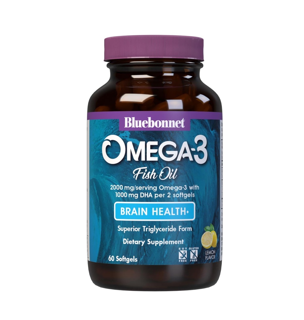 Bluebonnet Nutrition Omega-3 Brain Formula Natural Wild Caught Tricheride Form DHA 860 mg EPA 120 mg - Υψηλής συγκέντρωσης Συμπυκνωμένη γνωστική υγεία και ευεξία Υποστήριξη συμπλήρωμα - χωρίς γλουτένη - 60 Softgels