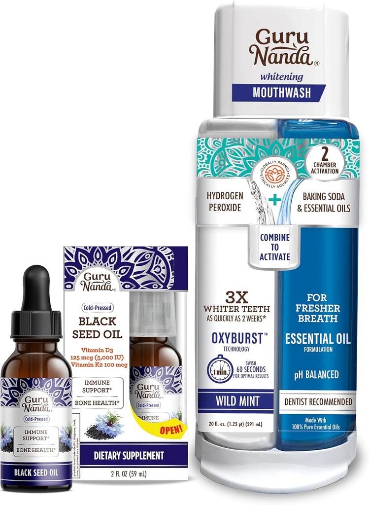 GuruNanda Μαύρο Έλαιο Σπέρματος, Ψυχρό-Pressed Nigella Sativa - Πλούσιο σε Βιταμίνη D3 5000 Μονάδες, K2 & E & Dual Barrel Oxyburst Λευκαντικό Στόμα - Περιέχει Υδρογόνο Υπεροξείδιο