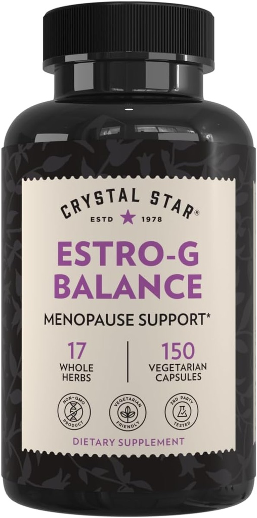 Crystal Star Estro G Balance Supplement (150 κάψουλες) – Βότανο Εμμηνόπαυση Υποστήριξη με Μαύρο Cohosh, Rehmannia, Damiana & Licorice – Χορτοφαγικά & Μη ΓΤΟ