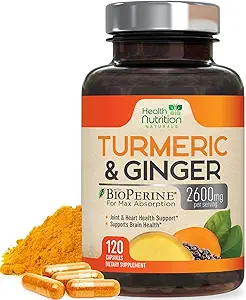 Turmeric Curcumin Supplement 2600mg - με Organic Ginger & Turmeric, 95% Κουρκουμινοειδή, BioPerine Μαύρο Πιπέρι για Καλύτερη Απορρόφηση, Vegan Κοινή Υποστήριξη, Μη-GMO, Εμφιαλωμένο στις ΗΠΑ - 120 Κάψουλες