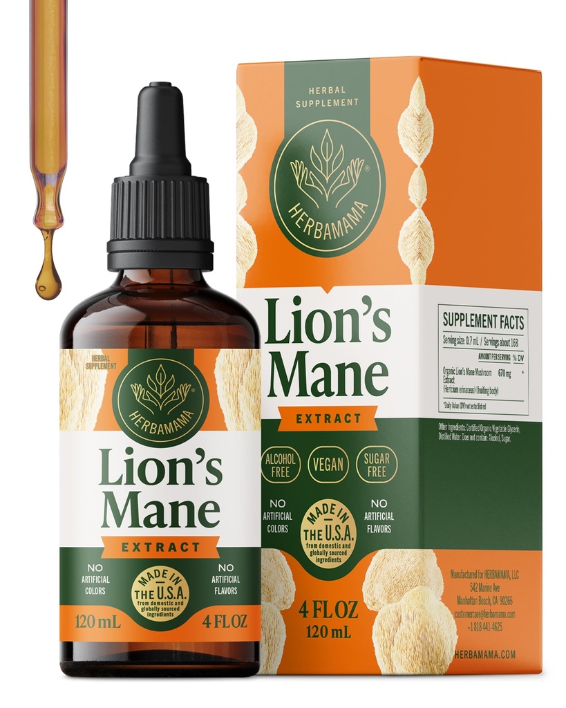 HERBAMAMA Lions Mane Tincture - Vegan Focus & Nerve Υποστήριξη με το εκχύλισμα μανιταριών του Lion - Hericium Erinaceus Brain Support Supplement - Μη ΓΤΟ, Αλκοόλ & Ζάχαρη-Δωρεάν - 84-Ημέρα προσφοράς