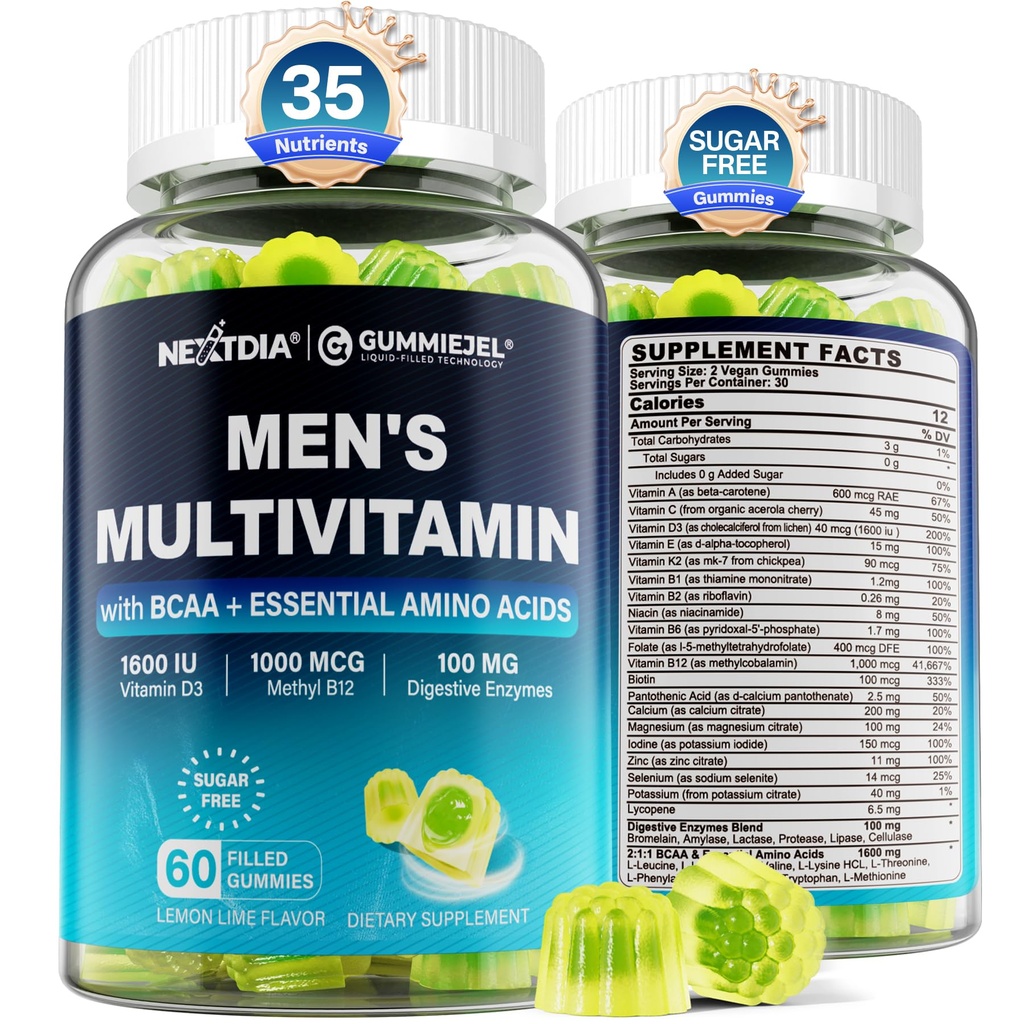 Μεθυλοποιημένη πολυβιταμίνη για άνδρες Gummies, BCAA Αμινοξέα, Ψευδάργυρος, Καθημερινή βιταμίνη A C D3 E K2 B Complex, Ασβέστιο, Μαγνήσιο, Λυκοπένιο, Digestive Ένζυμα - Ενέργεια, Ανοσοποιητικό, Μύες- Χωρίς ζάχαρη, Vegan, 60Cts