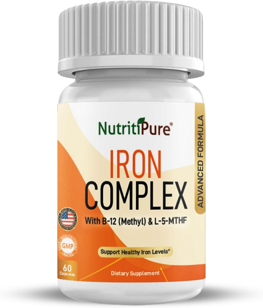 Iron Complex, Complete Blood Building Iron Vegetarian Κάψουλες με μη ενισχυτικό Carbonyl Iron, Quatrefolic, B12, B6 & Vitamin C, για γυναίκες & άνδρες (60 caps)