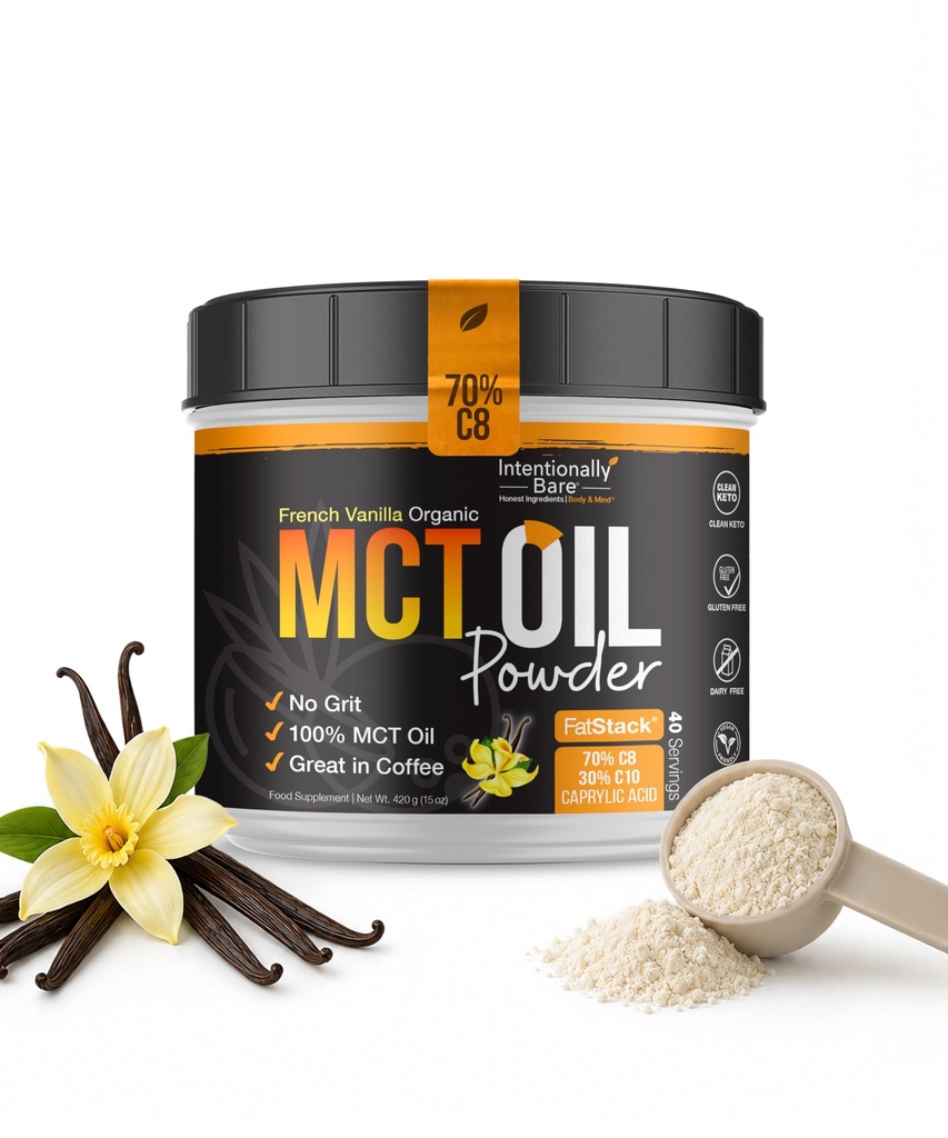 Επίτηδες Bare MCT Oil σε σκόνη Γαλλική Vanilla MCT Coffee Creamer - C8 MCT Oil Powder for Energy & Μεταβολισμός - No Grit Keto Energy Blend Εξαιρετικό στο ψήσιμο, Shakes & Creamer για καφέ - 40 Ser