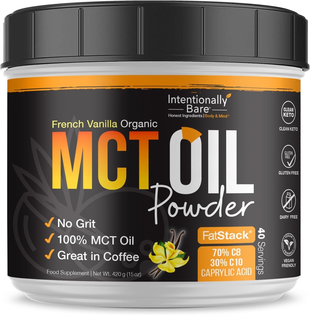 Intentionally Bare MCT Oil Powder French Vanilla MCT Coffee Creamer - C8 MCT Oil Powder for Energy & Metabolism - No Grit Keto Energy Blend Excellent in Baking, Shakes & Creamer for Coffee - 40 Ser
