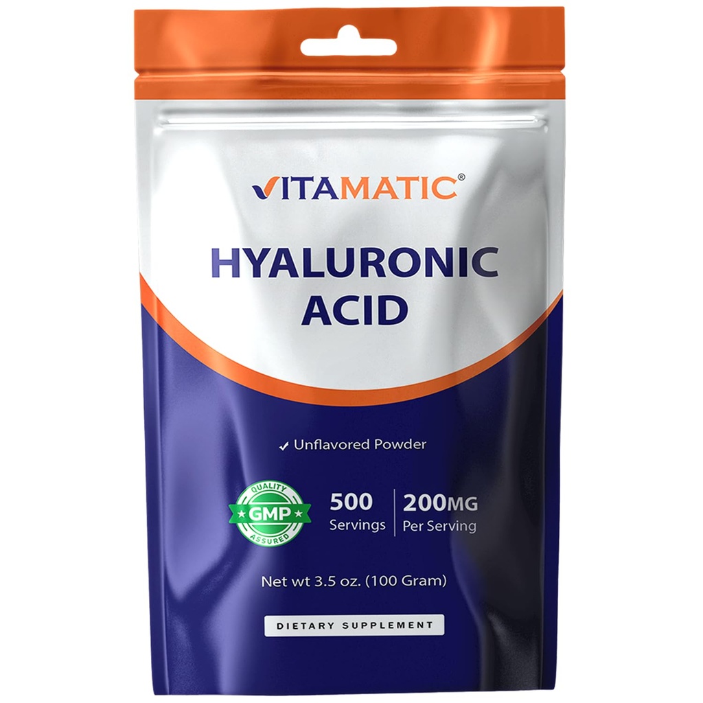 Vitamatic Hyaluronic Acid Powder 200mg - Υποστηρίζει υγιή συνδετικό ιστό και αρθρώσεις - Προώθηση Νεανικού Υγιεινού Δέρματος - 100 γραμμάρια