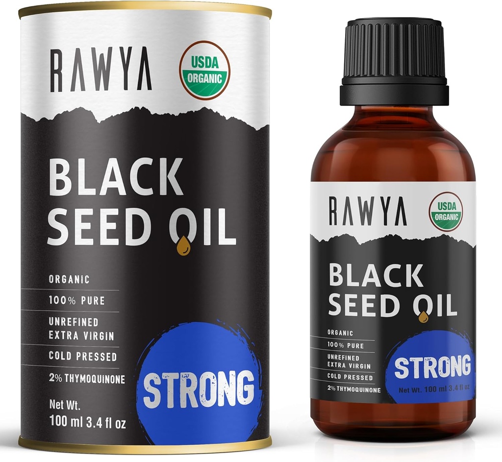 RAWYA Black Seed Oil - Επιπλέον ισχυρή γεύση, υψηλή TQ, κρύο πιεσμένο, γυάλινο μπουκάλι, Nigella Sativa Oil, μεγάλη για την περιποίηση του δέρματος και των μαλλιών, μαύρο Cumin σπόρων, Kalonji, 100% πιστοποιημένο οργανικό - 3.4 Fl Oz,