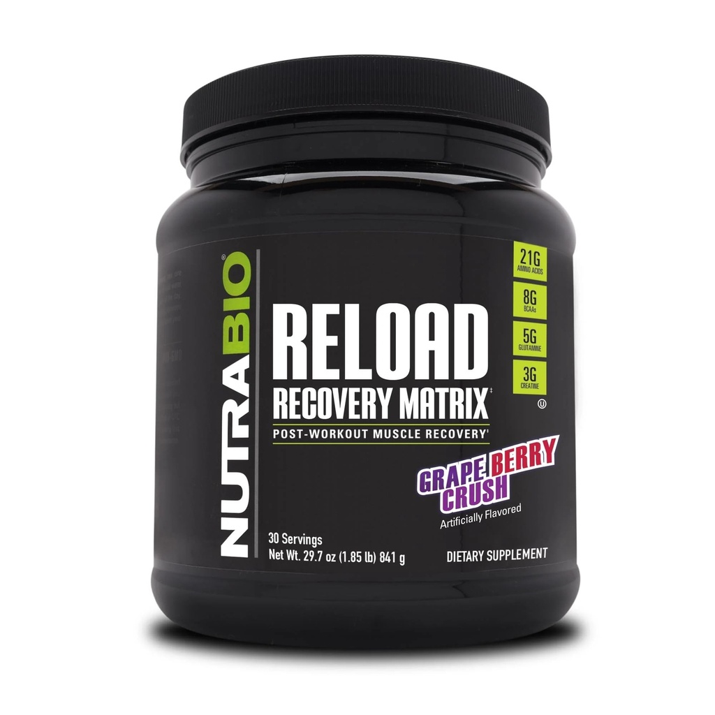 NutraBio Reload - Ισχυρή φόρμουλα αποκατάστασης των μυών - συμπλήρωμα μετά την προπόνηση - 3G Createine - 8G BCAAs - 5G Glutamine - 30 εξυπηρετούν, Grape Berry Crush