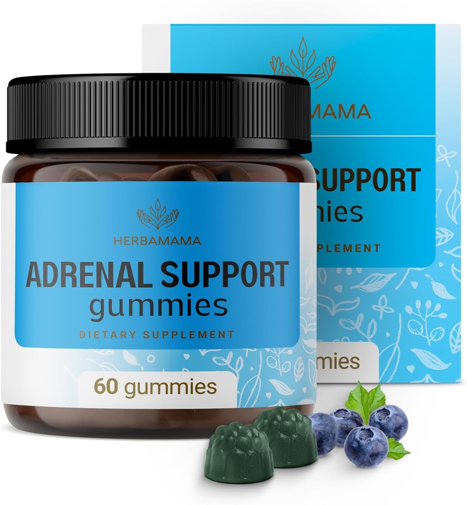 HERBAMAMA Adrenal Support Gummies - καθαρό Adrenal Complex συμπλήρωμα για τις γυναίκες με ρίζα Ashwagandha, Rhodiola Rosea & μαγνήσιο - Vegan, μη GMO - 60 Pectin-based Blueberry-Flavored Chews