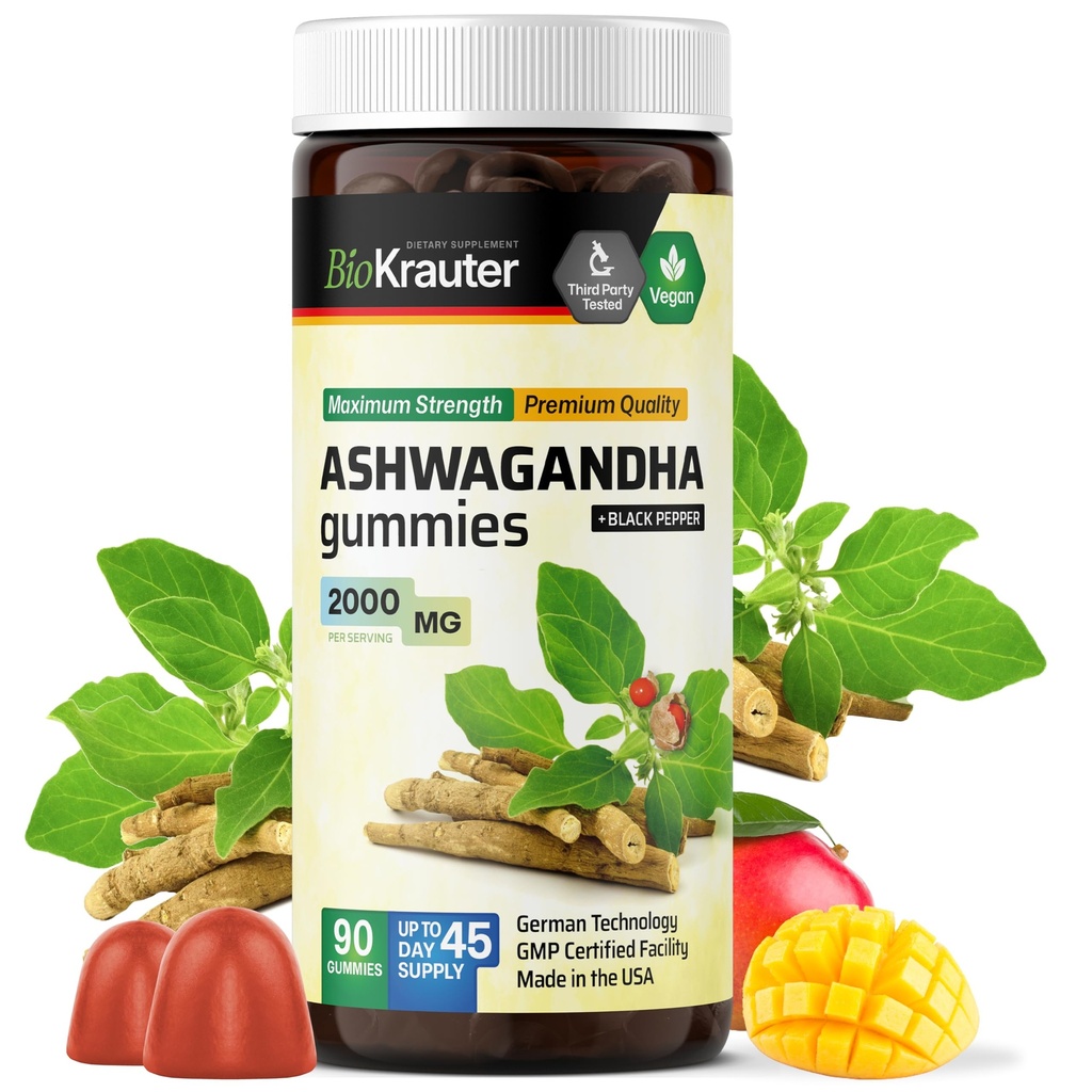BIO KRAUTER Ashwagandha Gummies for Women & Men - 2000 mg Δύναμη - 90 μάσημα για υποστήριξη Mood - Chewable Ashwagandha συμπληρώματα - Vegan - Mango Γεύση