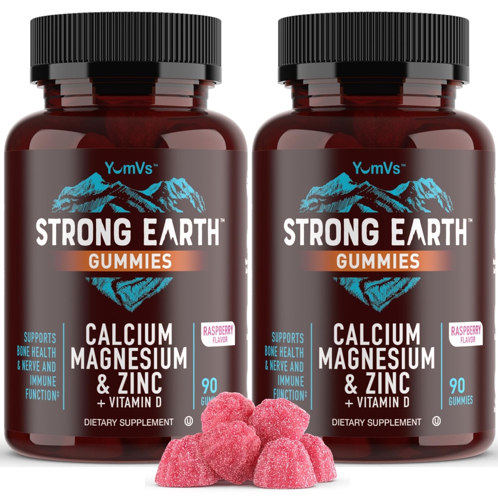 YUM-V'S Calcium, Magnesium, Zinc & Vitamin D Gummies, Cal Mag Chewable Supplement, Vegetarian Kosher Halal Natural Raspberry Flavor Gummies for Adults Women & Men - 90 Count (Pack of 2)
