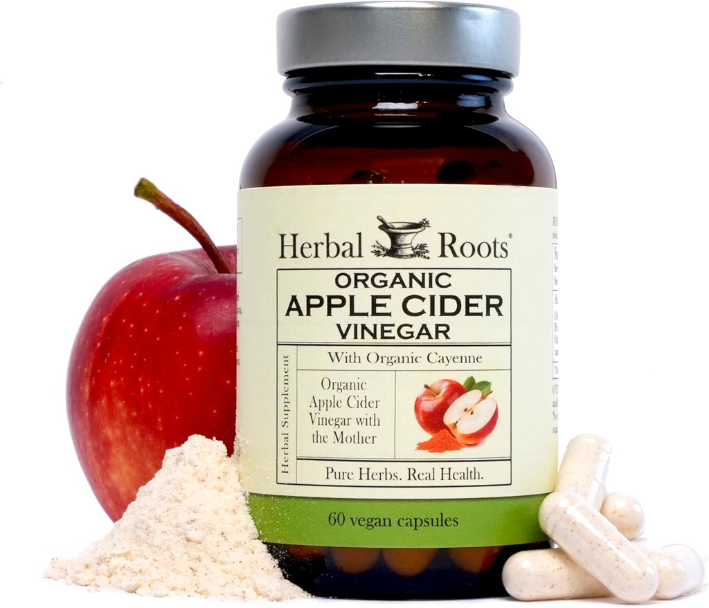 Herbal Roots Organic Apple Cider Vinegar Capsules with Mother and Organic Cayenne | 650 mg | 60 Vegan Capsules