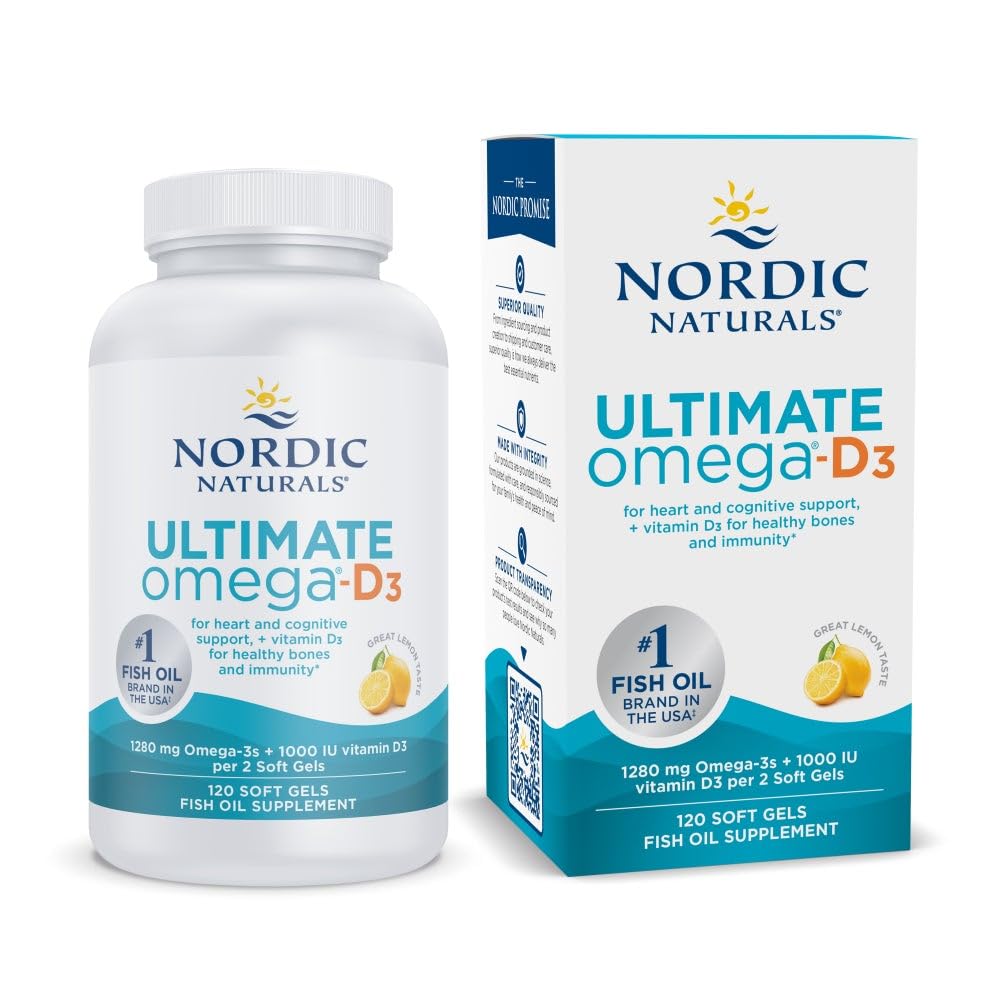 Nordic Naturals Ultimate Omega-D3, Lemon Flavor - 120 Soft Gels - 1280 mg Omega-3 + 1000 IU Βιταμίνη D3 - EPA & DHA - Προάγει τον εγκέφαλο, την καρδιά, & την ανοσοποιητική υγεία - 60 Υπηρεσίες