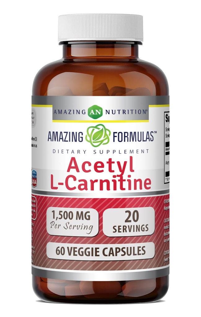 Amazing Formulas Acetyl L-Carnitine Hcl Veggie Dietary Supplement - 500 Mg, κάψουλες Veggie (Non GMO,Gluten Free) ανά φιάλη - Προάγει την παραγωγή ενέργειας & Γνωστική λειτουργία (60 Count)
