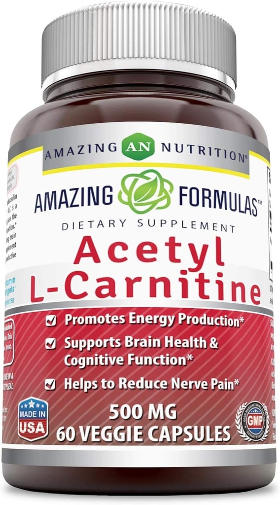 Amazing Formulas Acetyl L-Carnitine Hcl Veggie Dietary Supplement - 500 Mg, κάψουλες Veggie (Non GMO,Gluten Free) ανά φιάλη - Προάγει την παραγωγή ενέργειας & Γνωστική λειτουργία (60 Count)
