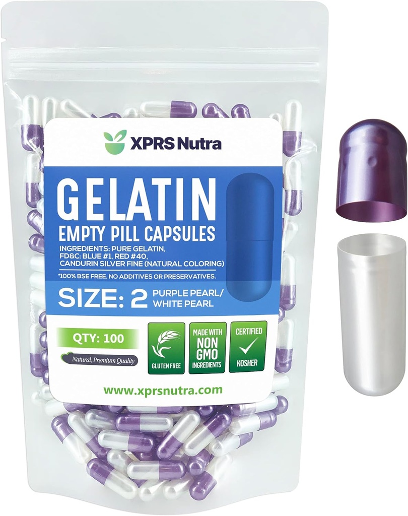 XPRS Nutra Size 2 Empty Capses - 100 Count Empty Gelatin Κάψουλες - Χάπια DIY Καψάκιο πλήρωσης - Pure Bovine Pill Gel Caps for Do-It-Yourself Συμπληρώματα (Pearl Purple/White)