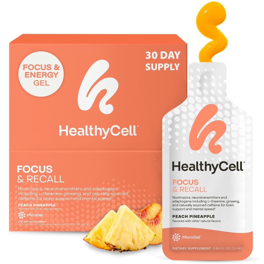 Healthycell Focus & Remember, Daily Liquid Brain Supplement for Focus & Memory - Συμπλήρωμα Nootropics για συγκέντρωση & εγρήγορση με L-Θεανίνη, Ωμέγα-3 & Ταυρίνη - 30 Gel πακέτα