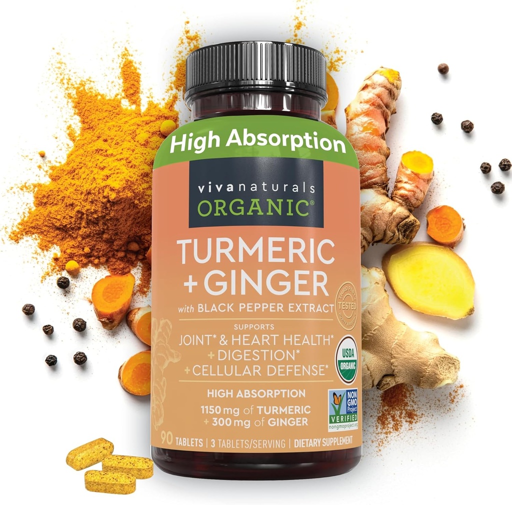 Viva Naturals Βιολογικό Turmeric και Ginger Συμπληρώματα με εκχύλισμα μαύρου πιπεριού για κοινή υποστήριξη -1450 mg ανά σερβίροντας Tumeric Ginger χάπια με 150 mg κουρκουμινοειδή