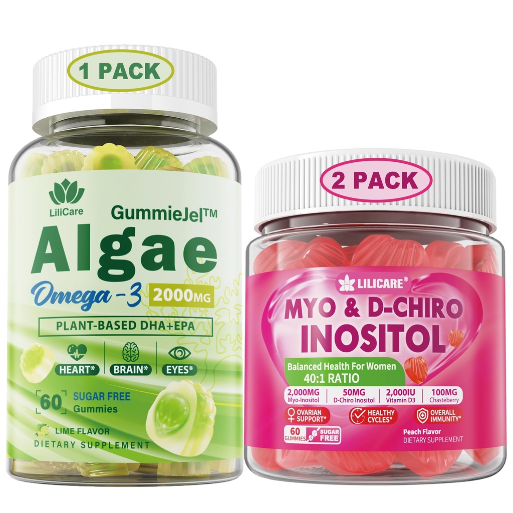 LILICARE Bundle: Vegan Omega 3 συμπλήρωμα Gummies & Ινοσιτόλη Gummies Ιδανικό 40:1 αναλογία Myo & D-Chiro Ινοσιτόλη