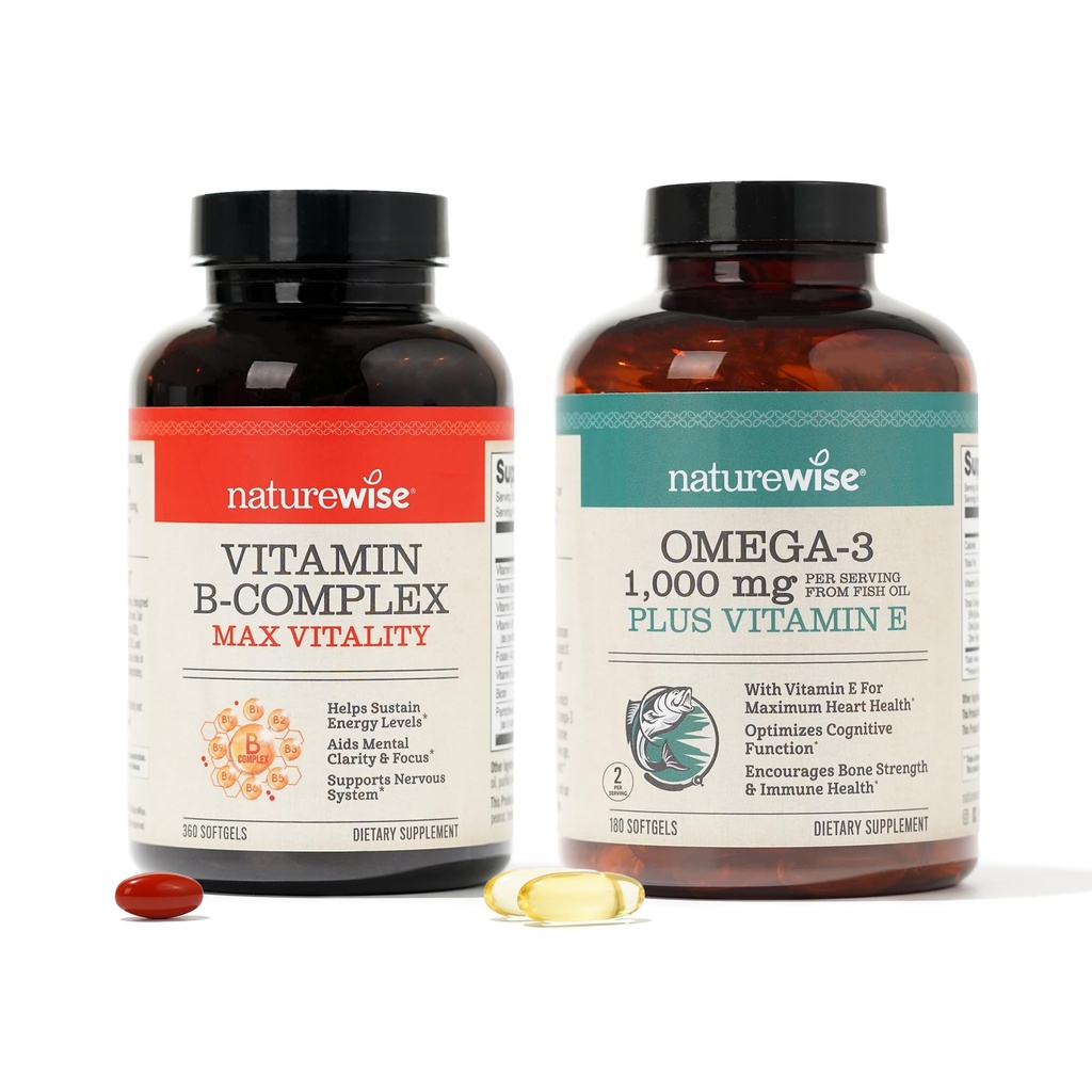 NatureWise Vitamin B Complex 360 Softgels & Omega 3 Fish Oil 180ct για την ενέργεια, την καρδιά, τον εγκέφαλο, το ανοσοποιητικό και την όραση υποστήριξη