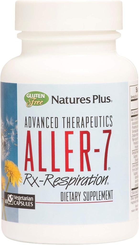 Natures Plus Advanced Θεραπευτικά Aller-7 Rx-Αναπνοή - 60 κάψουλες χορτοφάγων - Υποστηρίζει την αναπνευστική ευεξία - Χωρίς γλουτένη - 30 εξυπηρετήσεις