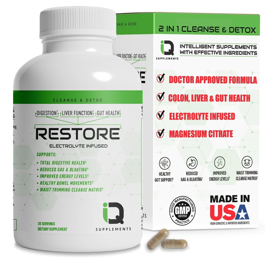 Restore 2 In 1 Colon Cleanse & Detox w/ Psyllium - Supports Digestion, Debloating & Constipation Relief for Women & Men, Gut Detox Cleanse w/ Magnesium | Electrolyte Infused Colon Cleanser & Detox