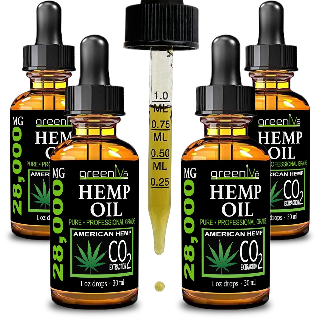 GreenIVe Hemp Oil Drops 28,000mg Per Bottle – Naturally Grown, Vegan, Rich in Omegas – Premium Hemp Oil Dropper – Non-GMO, Made in USA – 30mL (4 Pack)
