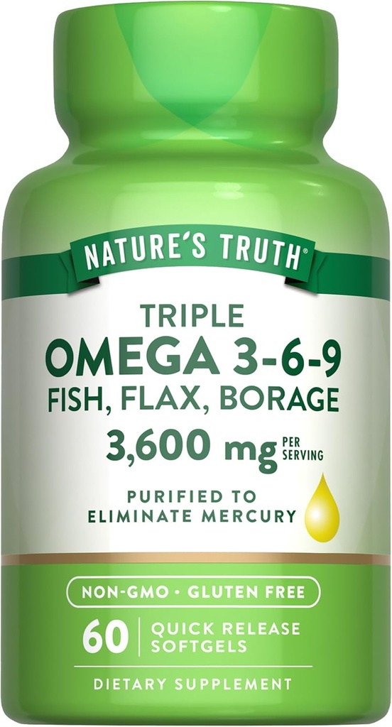 Nature's Truth Triple Omega 3-6-9 Softgels | 3600mg | 60 Count | Fish, Flax, Borage Oils | Non-GMO & Gluten Free Supplement