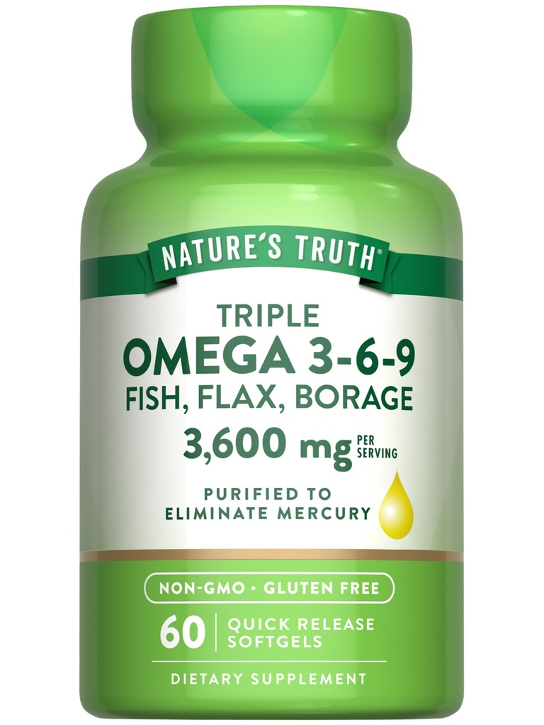 Nature's Truth Triple Omega 3-6-9 Softgels | 3600mg | 60 Count | Fish, Flax, Borage Oils | Non-GMO & Gluten Free Supplement