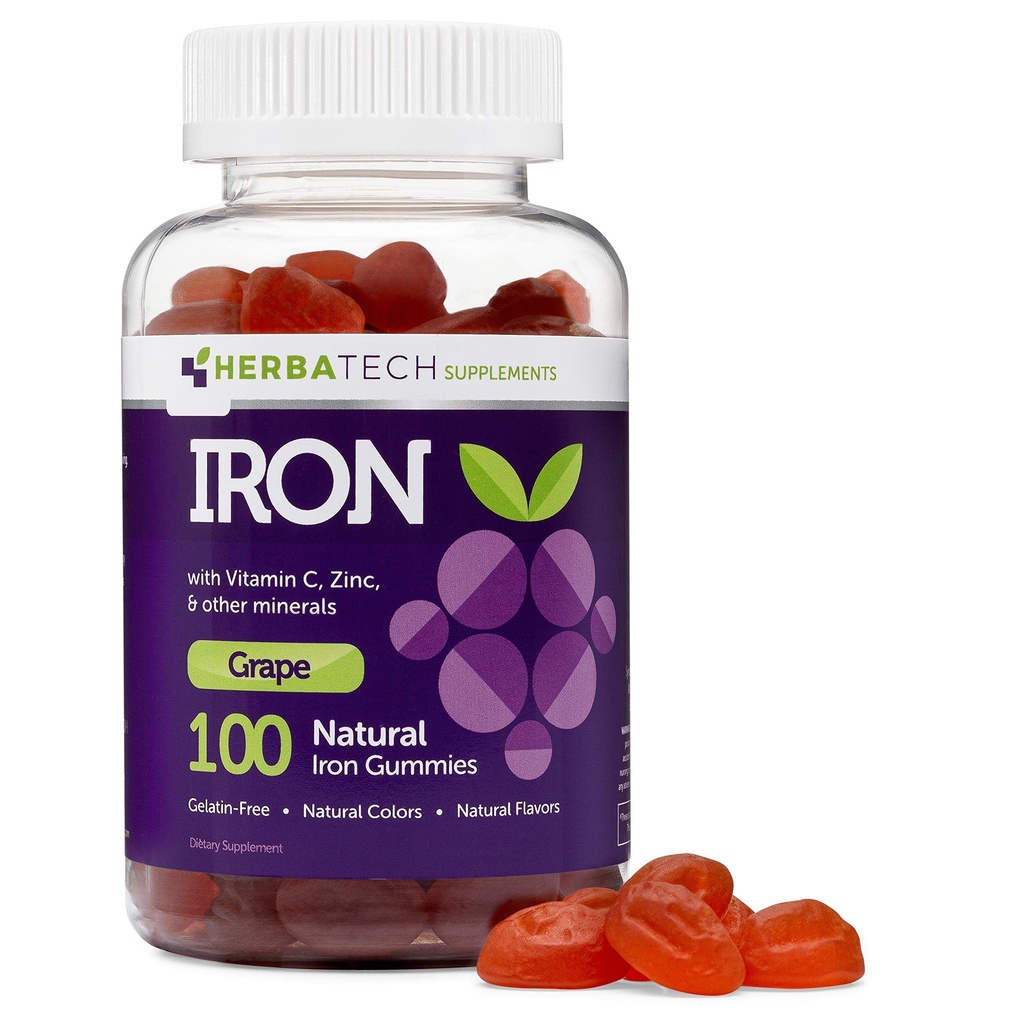 Iron Gummies for Adults and Kids, Chewable Multivitamin Supplement with Iron, Vitamin C, A, B, Zinc, Folic Acid, and Biotin (Grape Flavored) Vegan Safe, Κατασκευασμένο στις ΗΠΑ από την HERBATECH