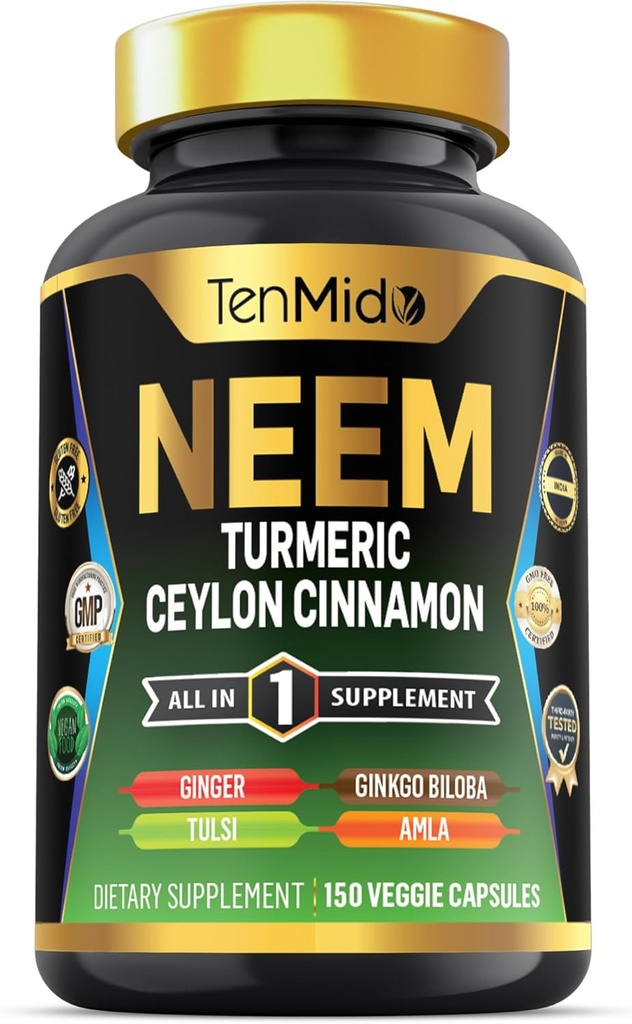 Neem Leaf Supplement - 8in1 Formula - Συνδυάστε με Turmeric, Ceylon Cinnamon, Ginger, Tulsi, Ginkgo Biloba, Amla, και Black Pepper - Immune Health Support - 150 Vegan Κάψουλες