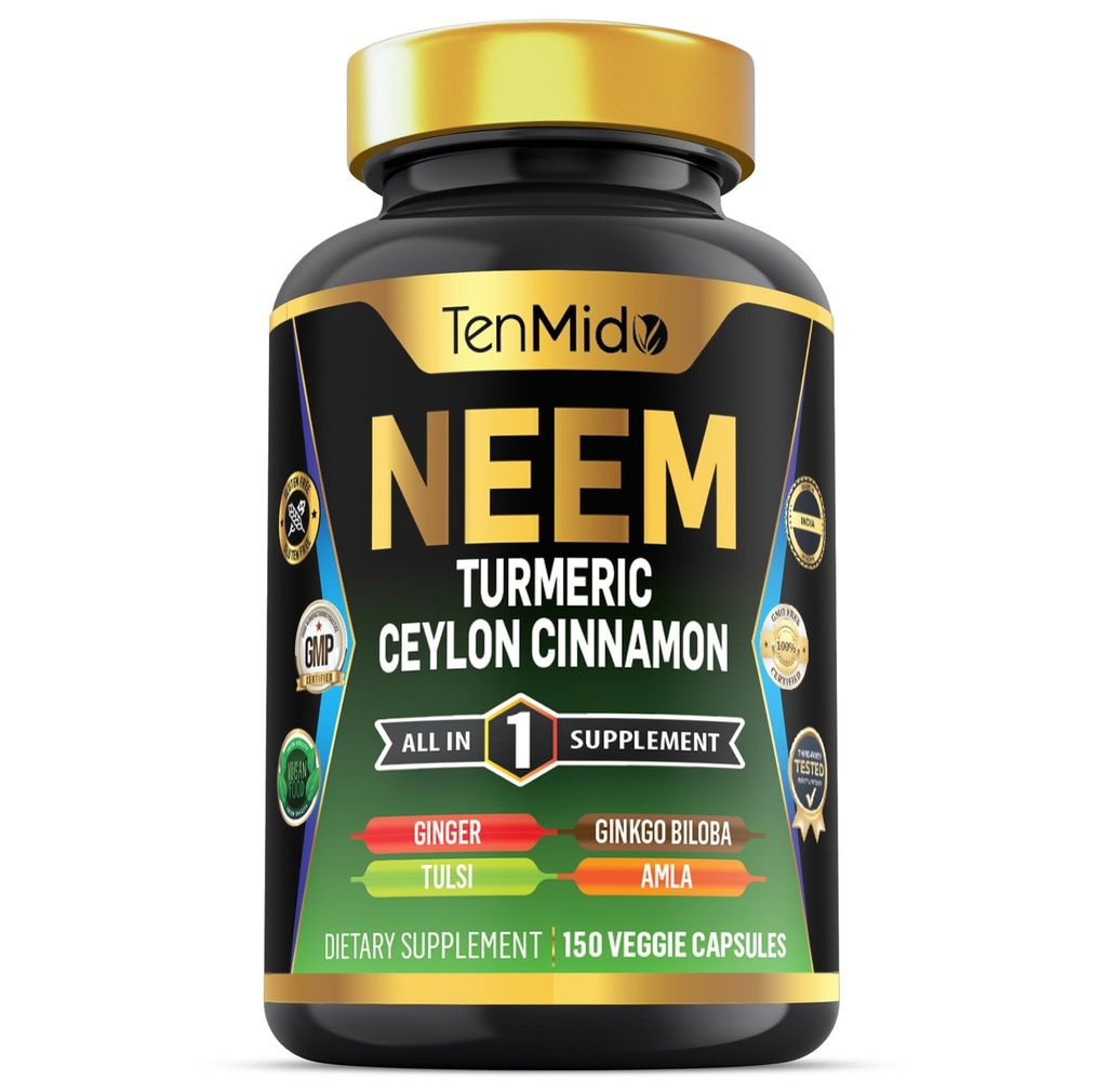 Neem Leaf Supplement - 8in1 Formula - Συνδυάστε με Turmeric, Ceylon Cinnamon, Ginger, Tulsi, Ginkgo Biloba, Amla, και Black Pepper - Immune Health Support - 150 Vegan Κάψουλες