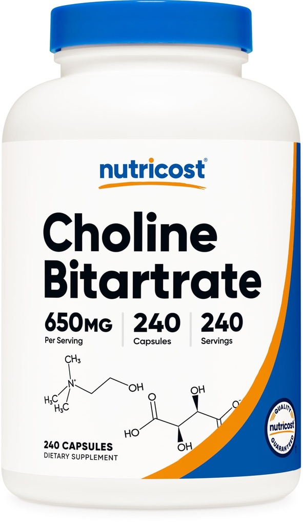 Nutricost Choline Bitartrate 650mg, 240 κάψουλες χορτοφαγίας - Μη ΓΤΟ, Φιλικοί χορτοφάγοι, Χωρίς γλουτένη
