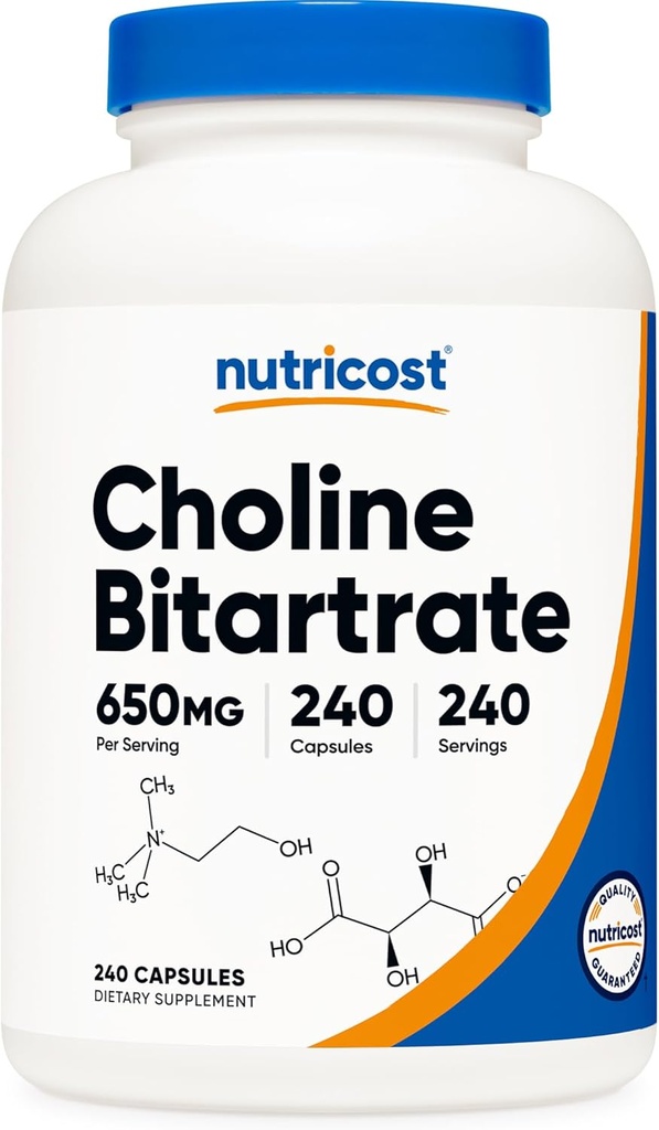 Nutricost Choline Bitartrate 650mg, 240 Vegetarian Capsules - Non-GMO, Vegetarian Friendly, Gluten Free