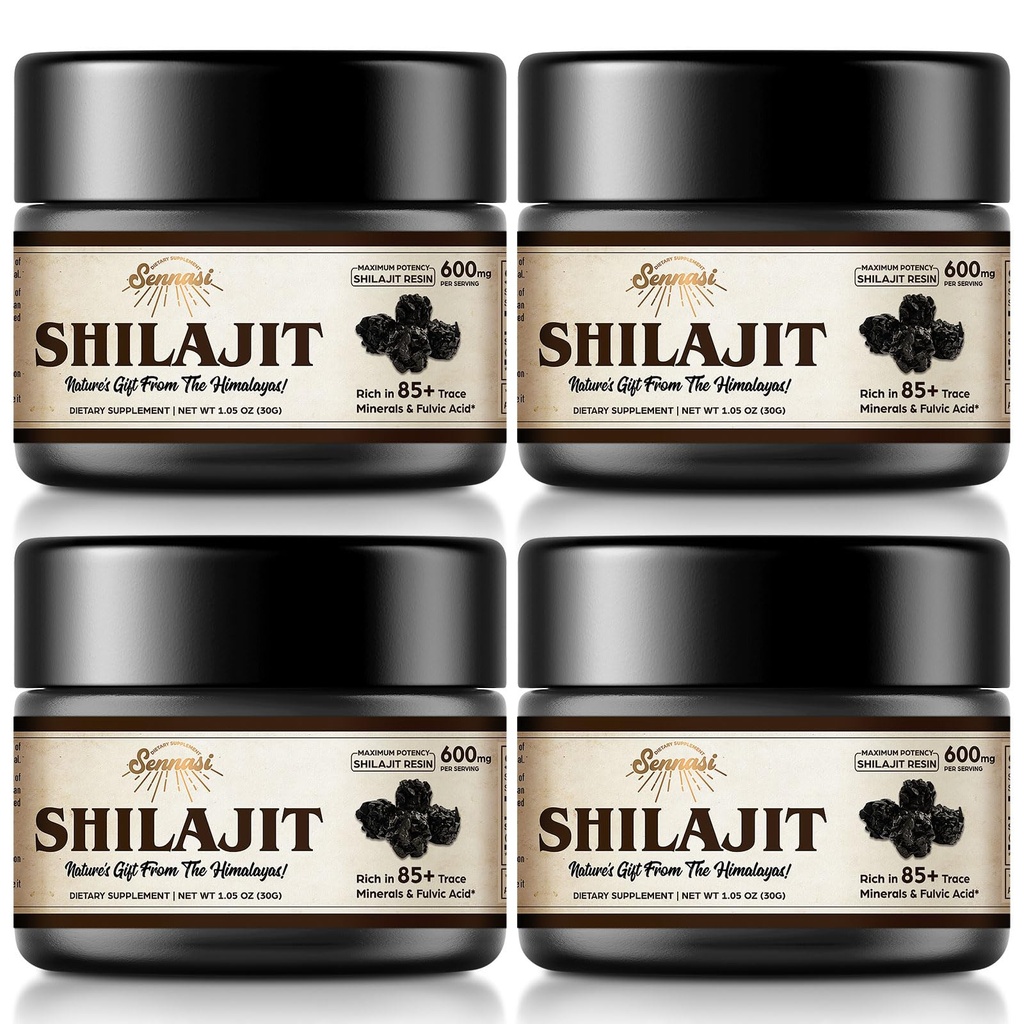 Sennasi Shilajit Pure Himalayan Organic Shilajit Resin - 600mg Maximum Potency Natural Organic Shilajit Resin with 85+ Trace Minerals & Fulvic Acid for Energy,Immune Support,30 Grams (4 Pack)